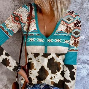 Aztec Cow Print, Geometric Long Sleeve Deep V-Neck Blouse NWOT